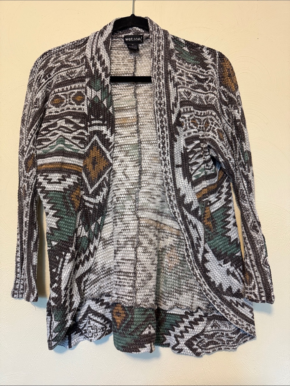 Wet Seal Multi-Color Aztec Open-Front Cardigan - Green/Gray/Brown